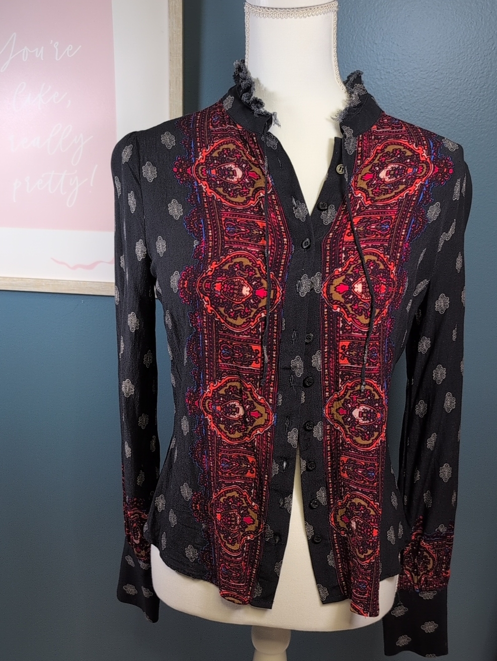 Free People Black Button-Front Top with Red Paisley Panels